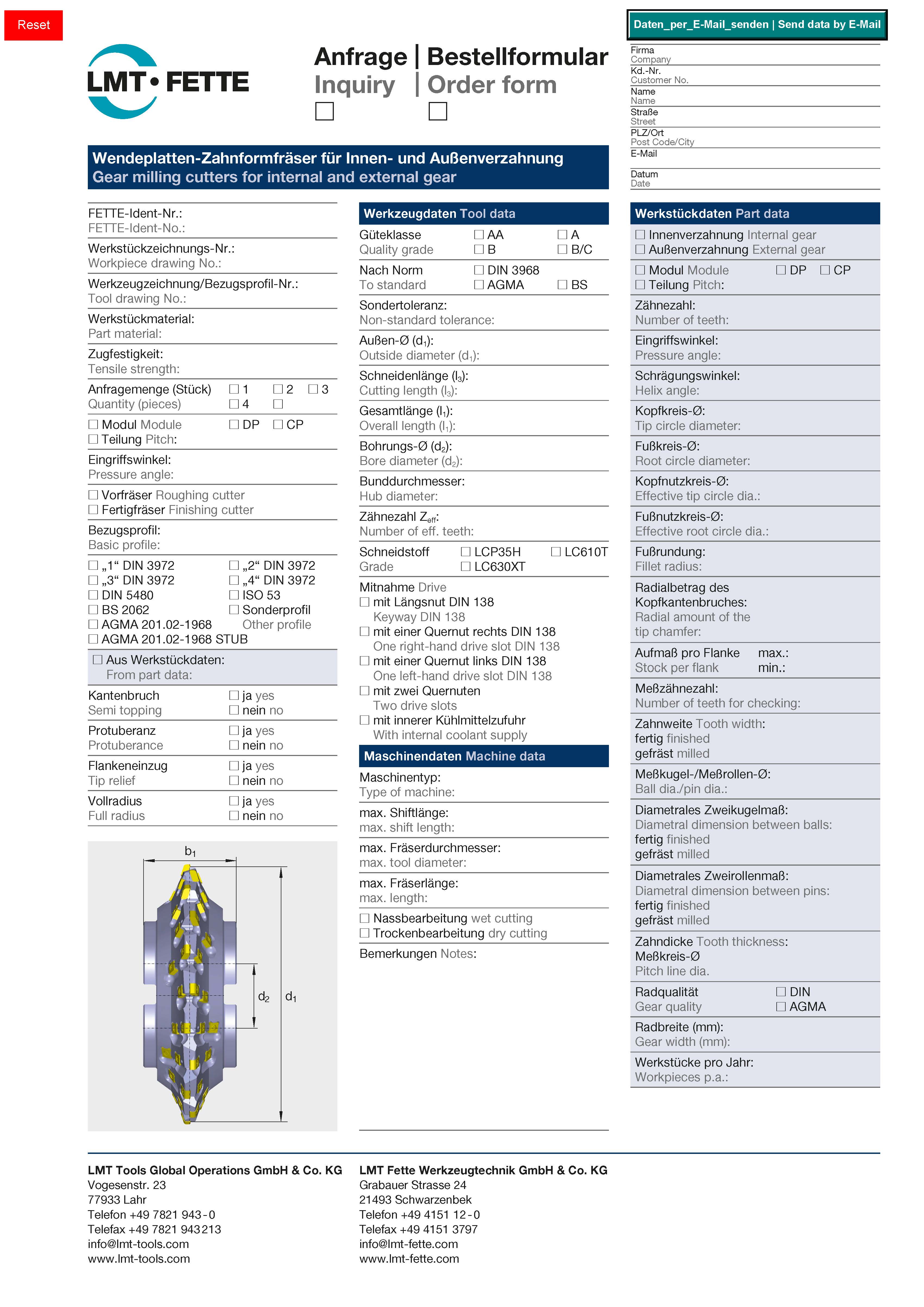 Order form Gear milling cutters for internal and external gear