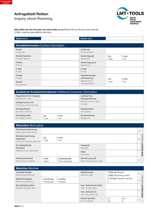 Inquiry sheet Reaming